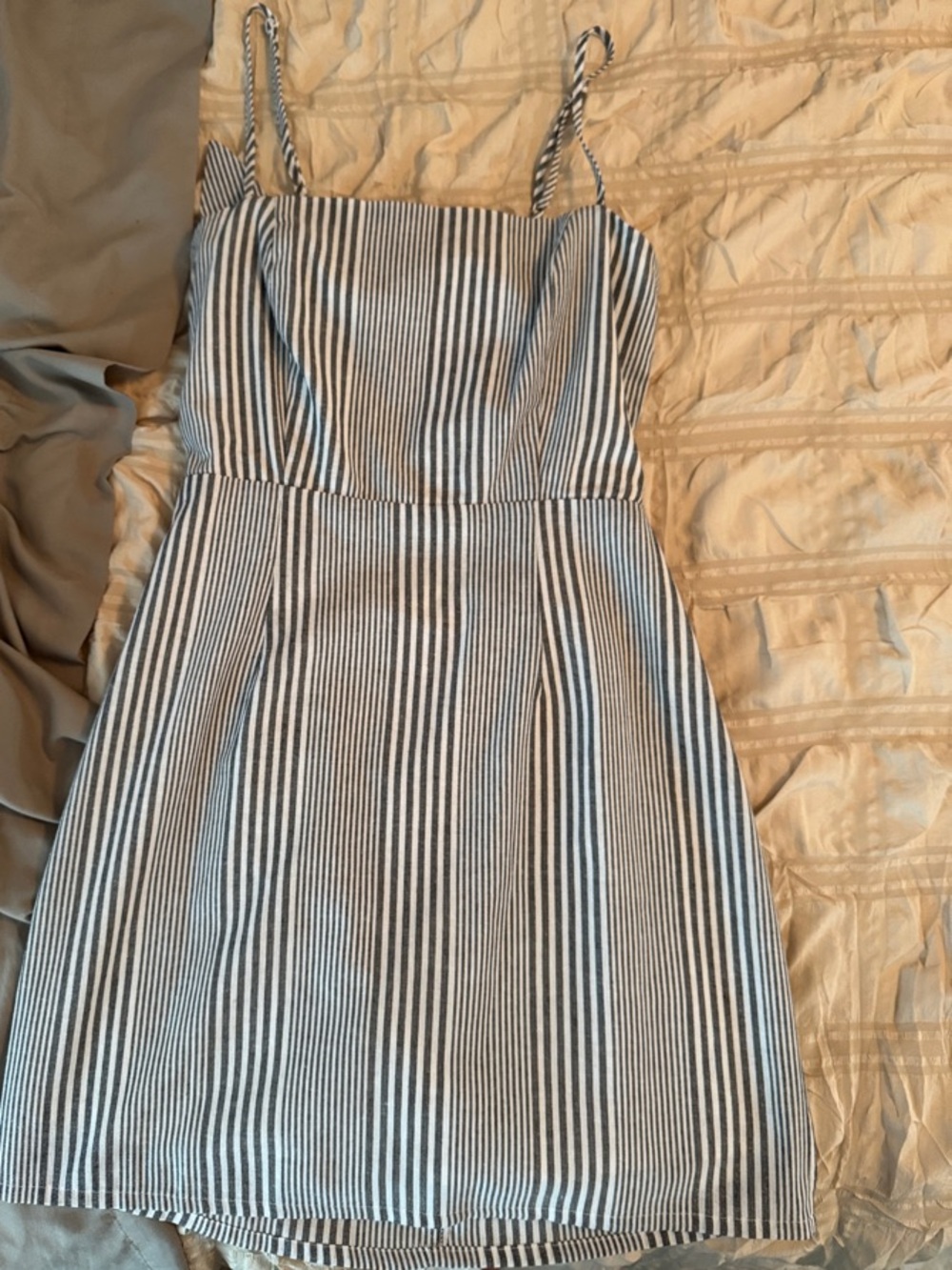 FAVLUX Grey & White Vertical Stripe Spaghetti Strap Mini Dress